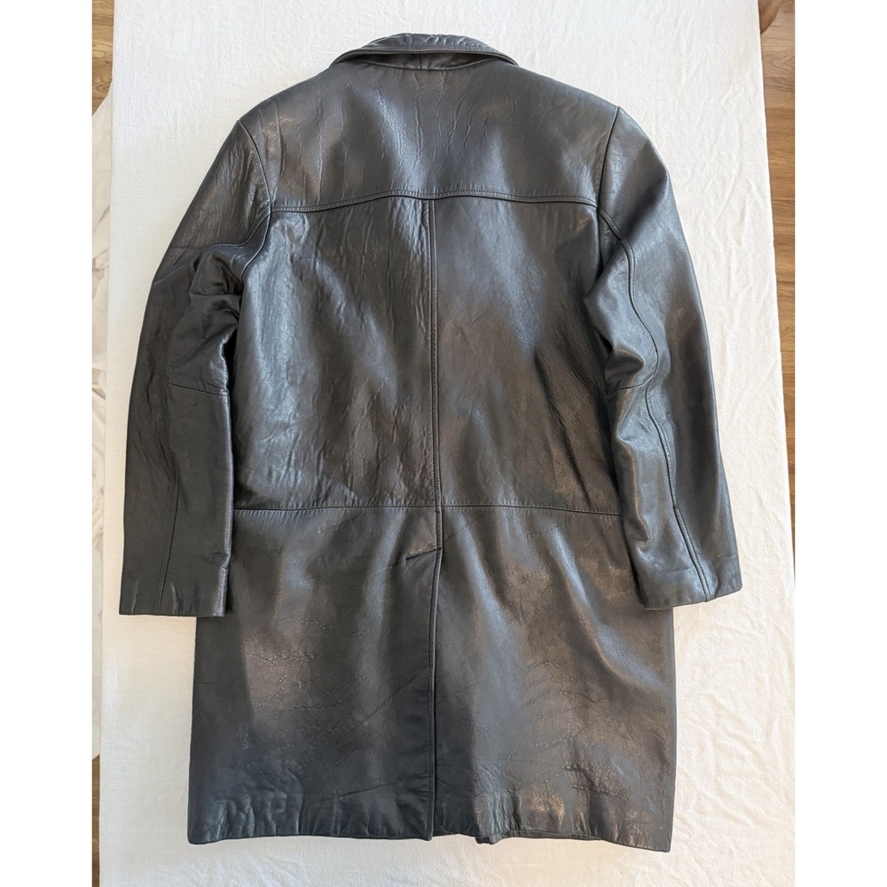 Adler Collection Women's Black Leather Long Overcoat Button Notch Collar Lined L